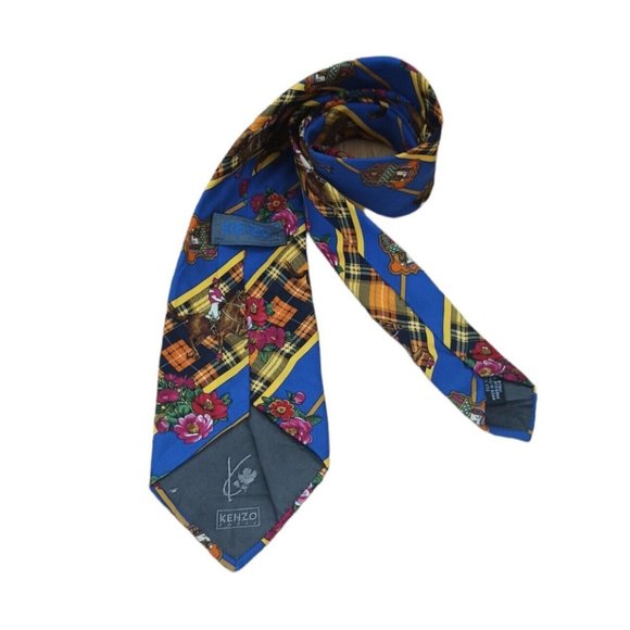 KENZO PARIS Blue Floral Equestrian Silk Tie ITALY 59"/ 4" EC - Picture 8 of 9